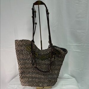 Elegant Brown Woven Tote with Beaded Straps